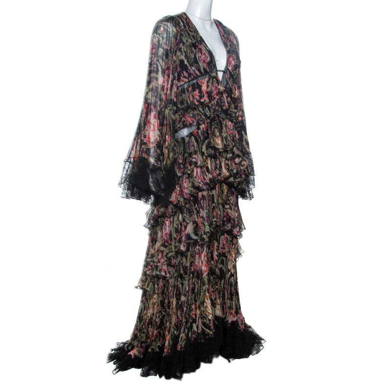 

Roberto Cavalli Black Floral Print Silk Tiered Plisse Lace Trim Maxi Dress
