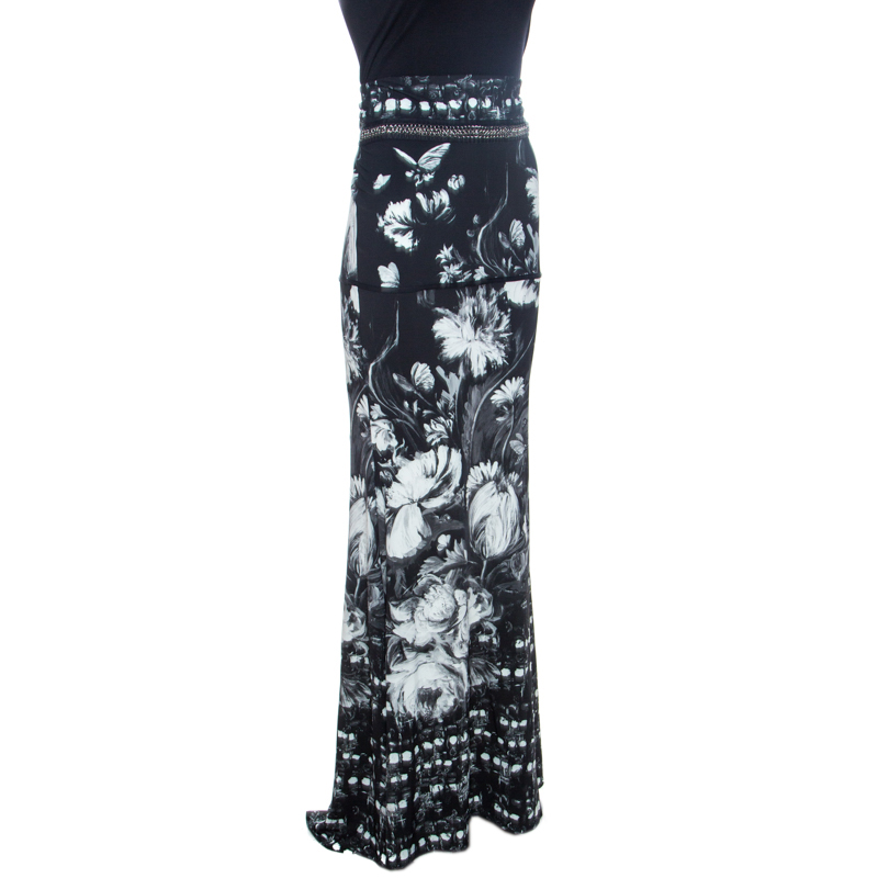 

Roberto Cavalli Black Floral Print Knit Chain Detail Maxi Skirt