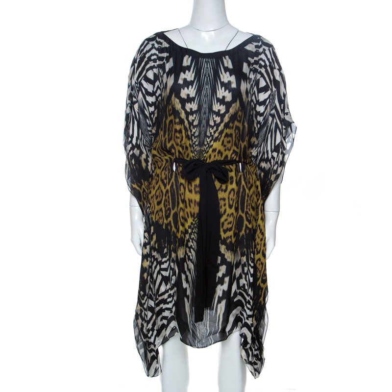 Pre Owned تونيك قفطان روبرتو كافالي حزام حرير طباعة حيوان متعدد الألوان M