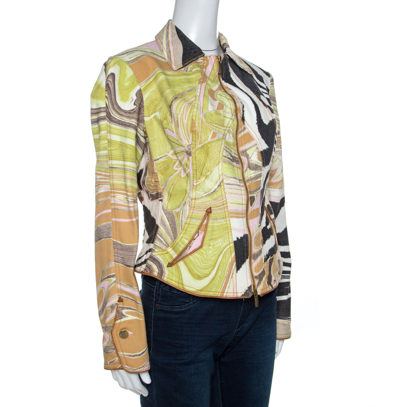 

Roberto Cavalli Multicolor Abstract Print Cotton Zip Front Jacket