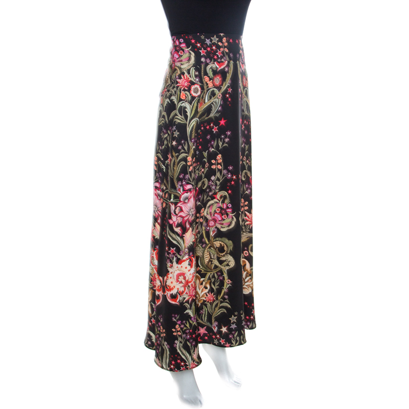 

Roberto Cavalli Black Garden Print Silk Maxi Skirt