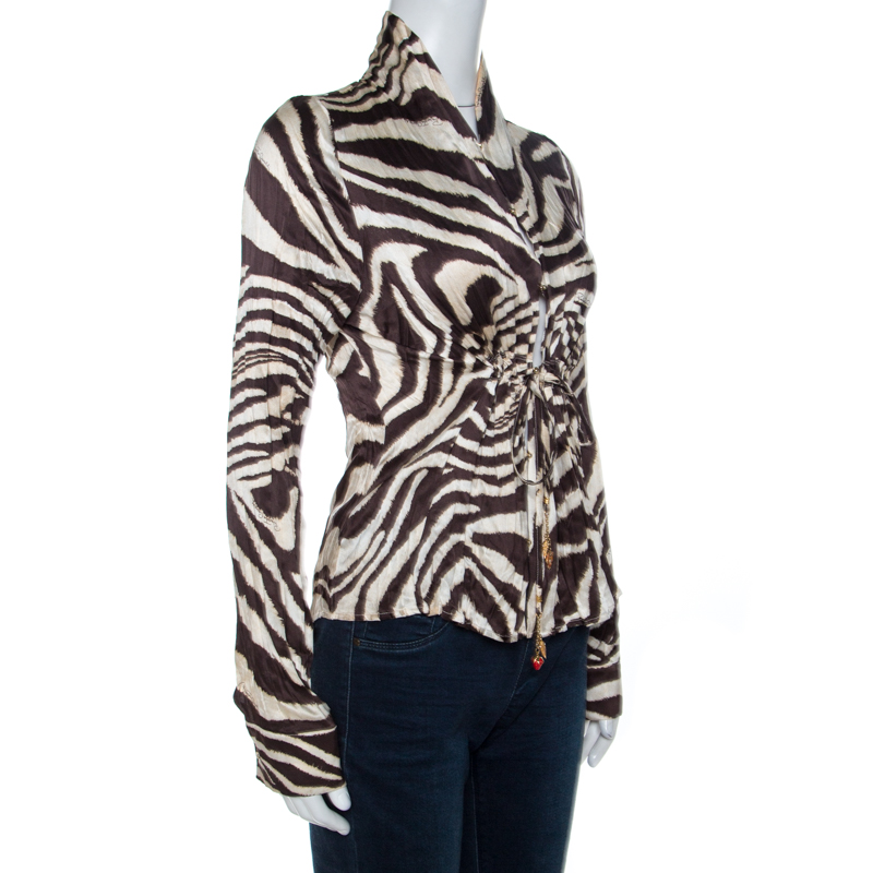 

Roberto Cavalli Brown Animal Print Silk Waist Tie Detail Blouse