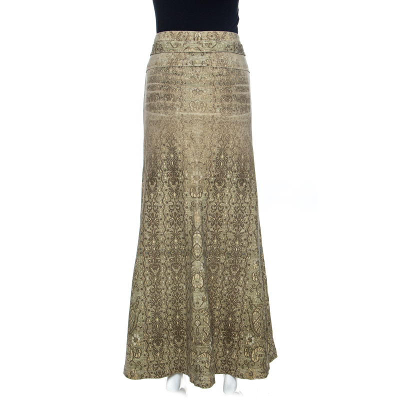 Pre-owned Roberto Cavalli Beige Lace Print Cotton Maxi Skirt M