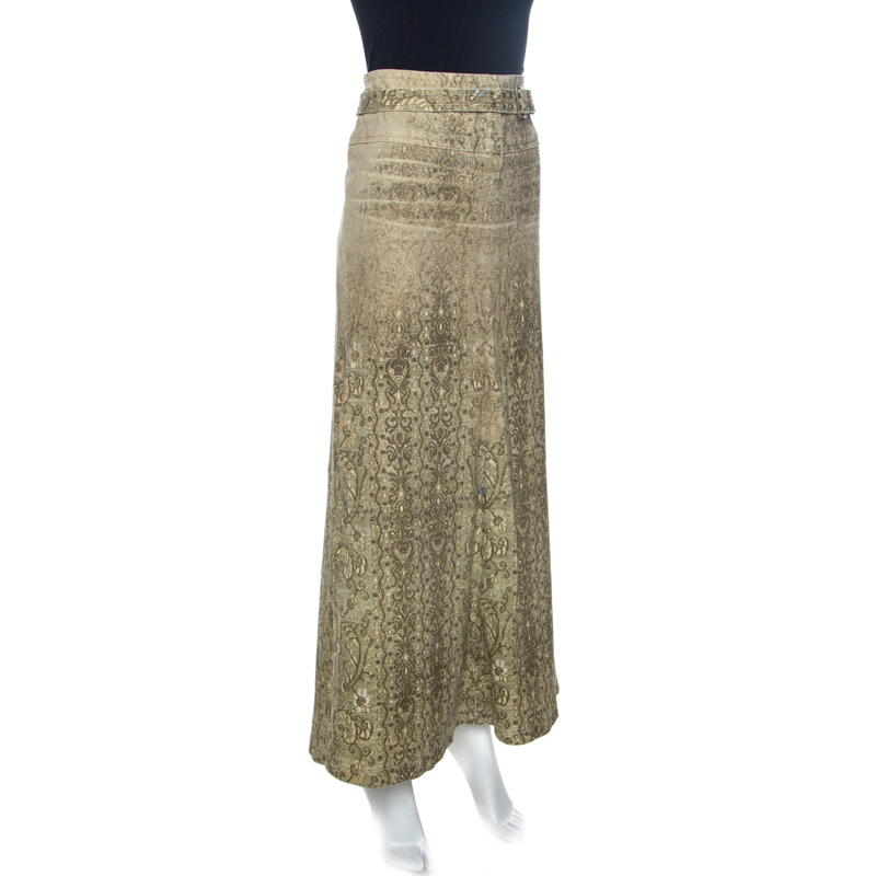 Pre-owned Roberto Cavalli Beige Lace Print Cotton Maxi Skirt M