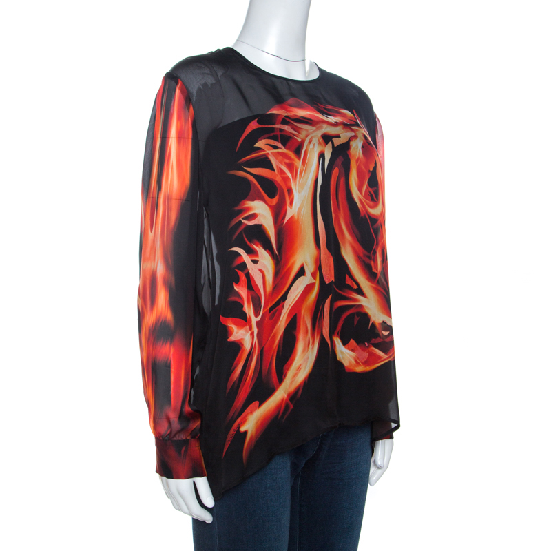 

Roberto Cavalli Black Fire Horse Printed Sheer Silk Blouse