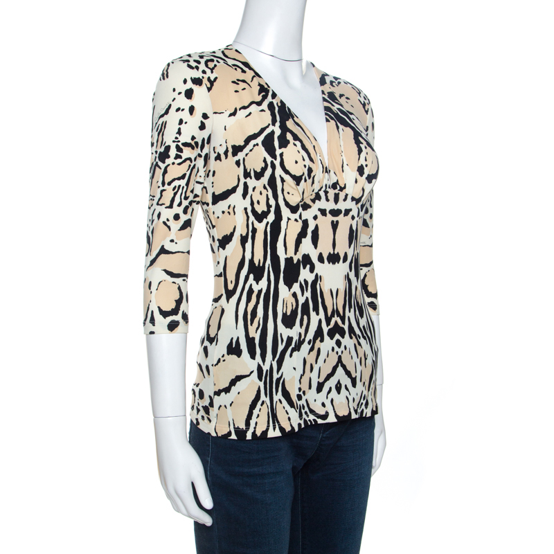 

Roberto Cavalli Bicolor Print Knit Pleated Neck Detail Top, Beige