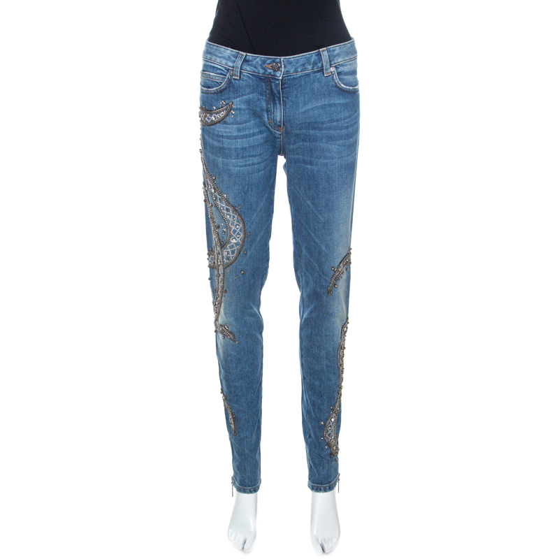 Pre Owned Roberto Cavalli Indigo Faded Effect Denim Embellished Jeans M