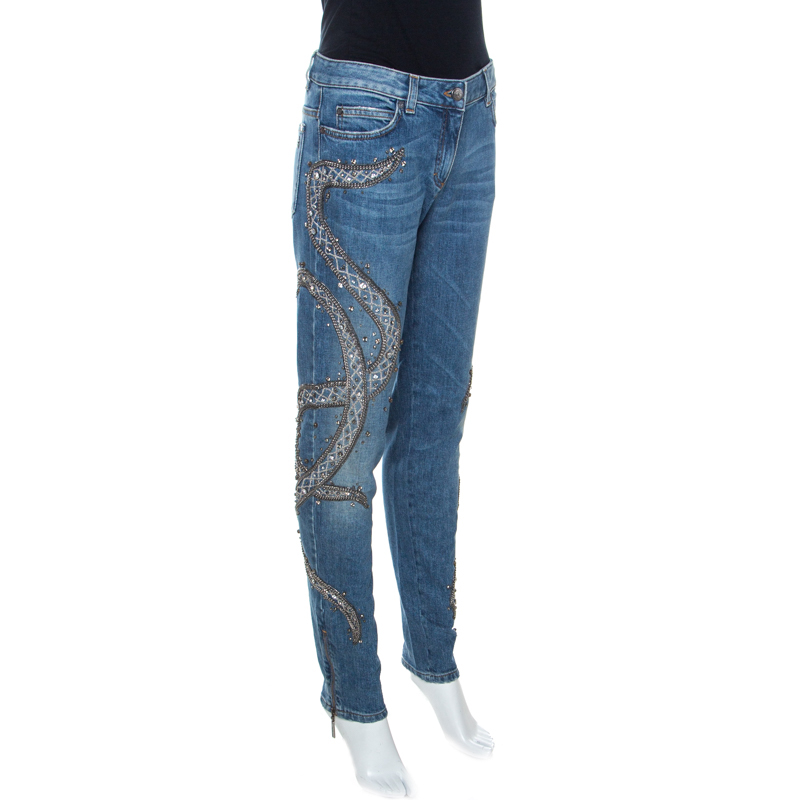 

Roberto Cavalli Indigo Faded Effect Denim Embellished Jeans, Blue