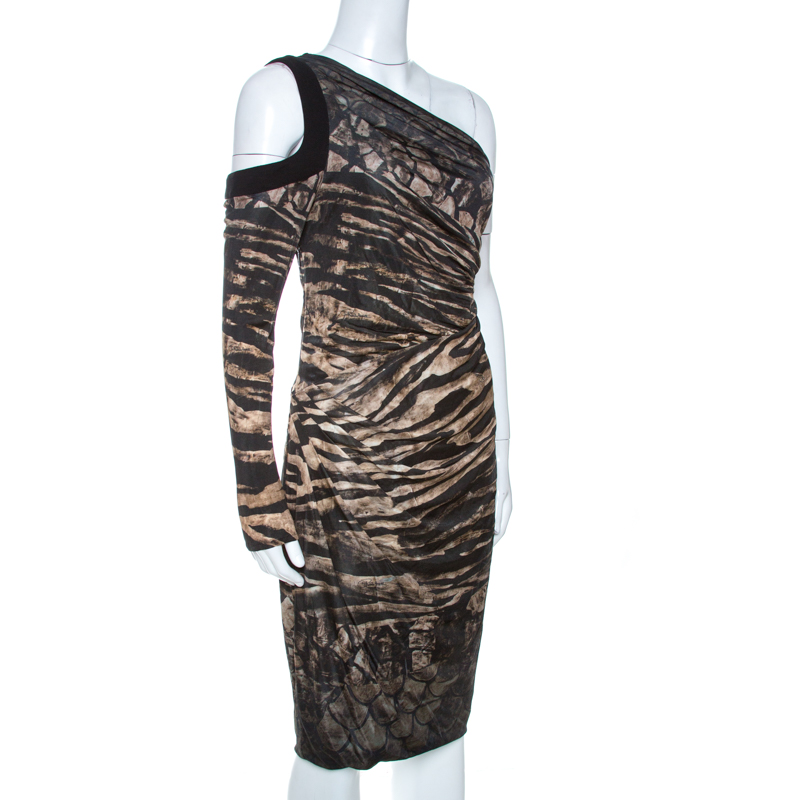 

Roberto Cavalli Black Printed Knit Draped One Shoulder Dress