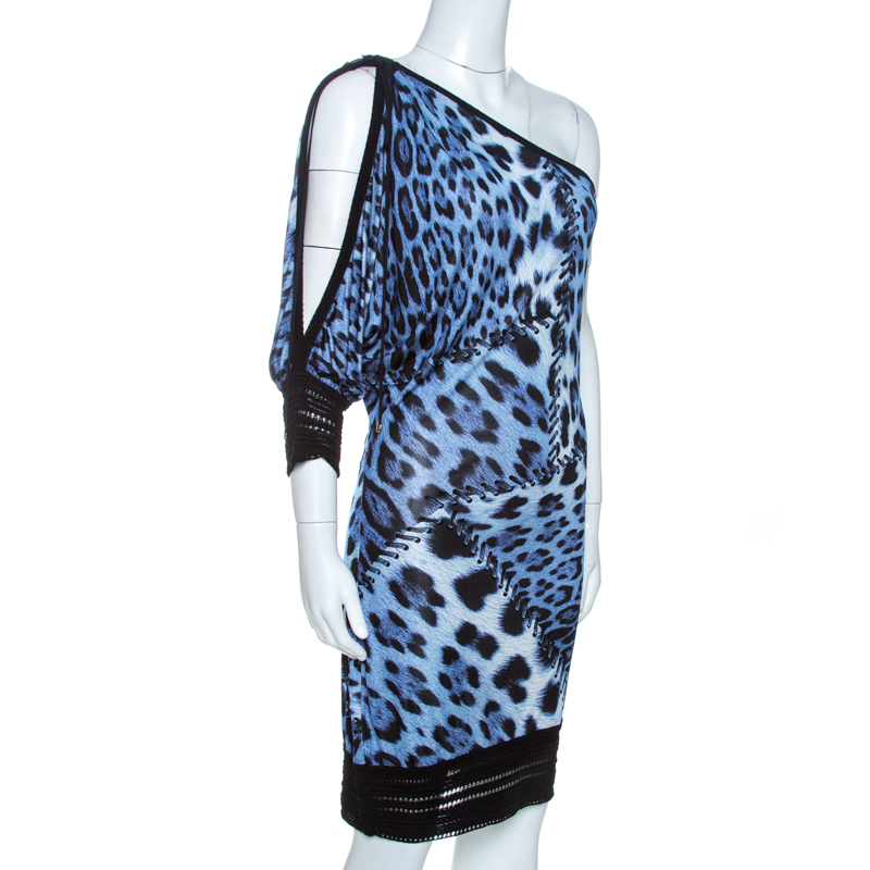 

Roberto Cavalli Bicolor Animal Print Knit One Shoulder Dress, Blue