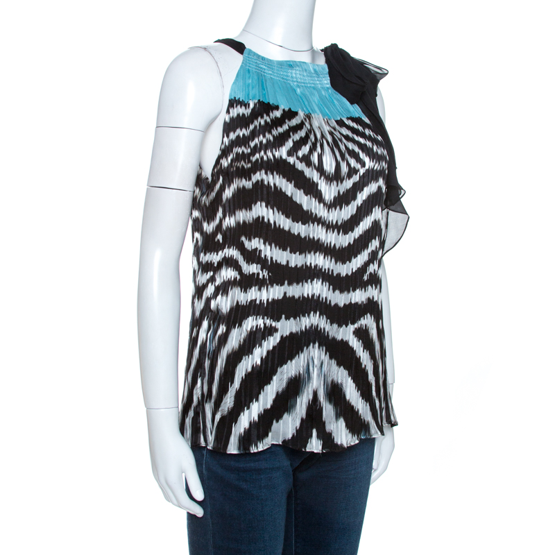 

Roberto Cavalli Black Printed Silk Pleated Halter Neck Top