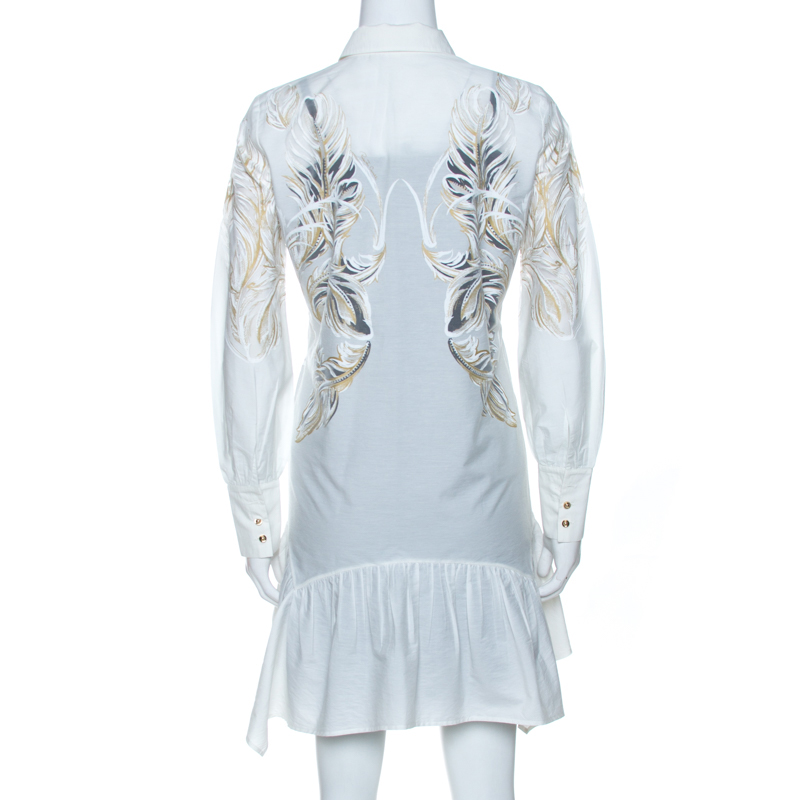 Pre-owned Roberto Cavalli White Brasso Feather Print Cotton Shirt Dress S