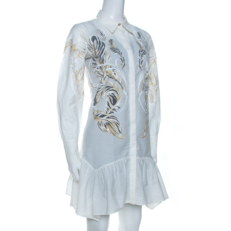 Pre-owned Roberto Cavalli White Brasso Feather Print Cotton Shirt Dress S