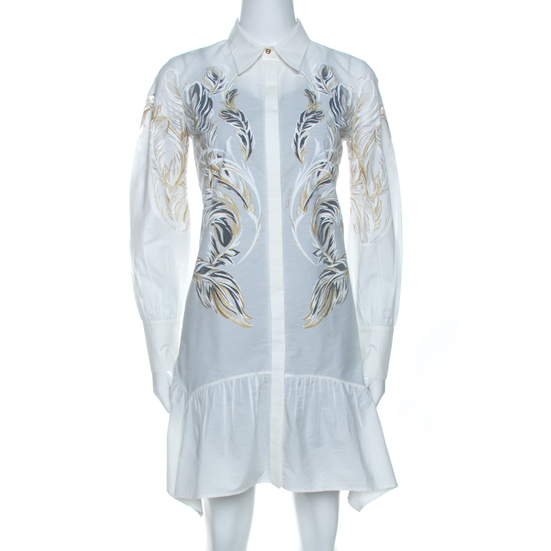 

Roberto Cavalli White Brasso Feather Print Cotton Shirt Dress S