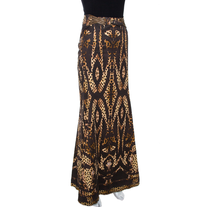 

Roberto Cavalli Brown Print Cotton Belted Flared Maxi Skirt