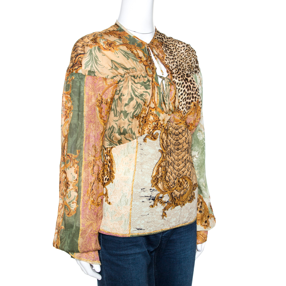 

Roberto Cavalli Brown Glitter Print Silk Neck Tie Detail Top