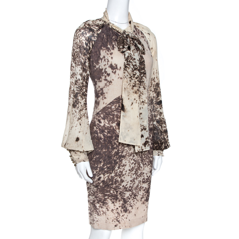 

Roberto Cavalli Bicolor Printed Wool Neck Tie Detail Dress, Brown