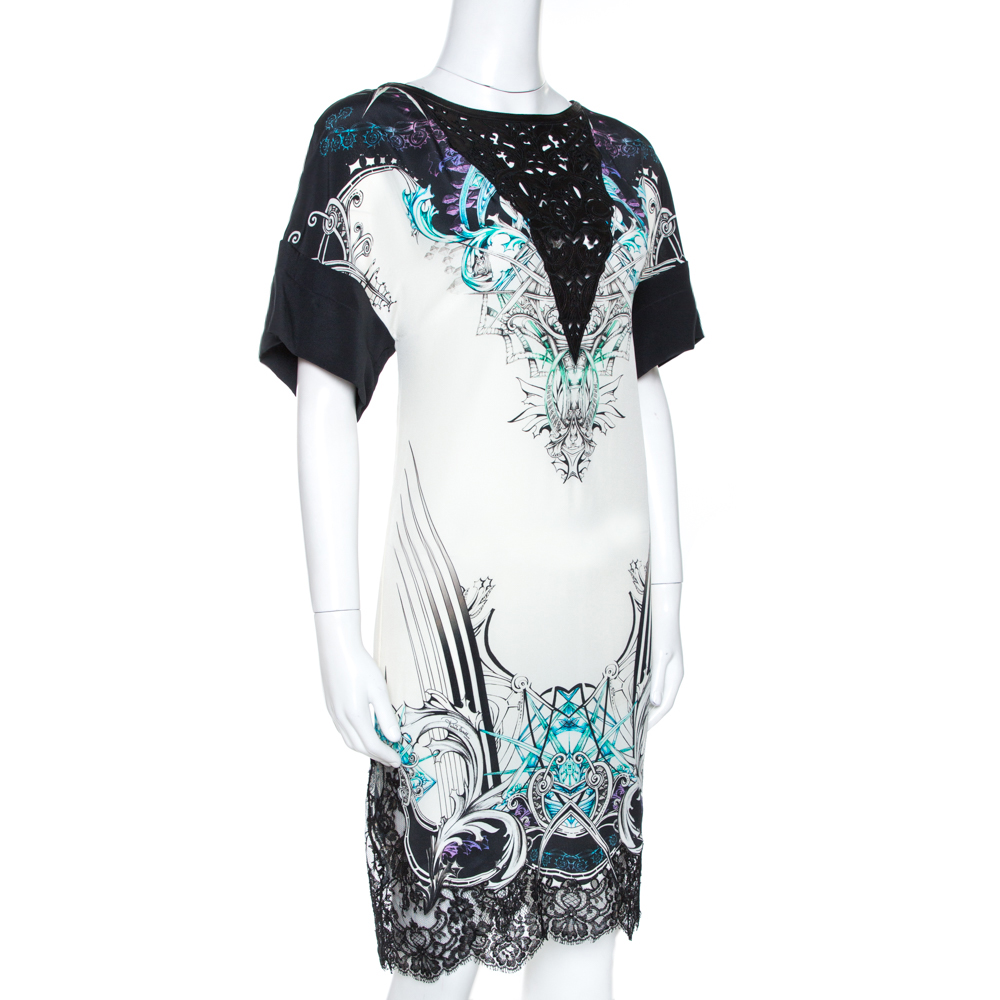 

Roberto Cavalli White Printed Silk Laser Cut Detail Tunic Dress