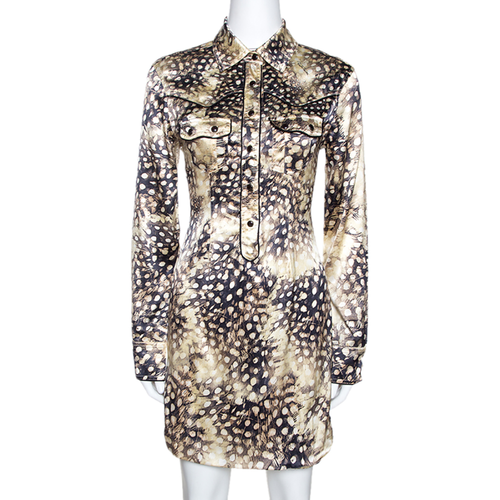 

Roberto Cavalli Bicolor Animal Print Silk Shirt Dress, Beige
