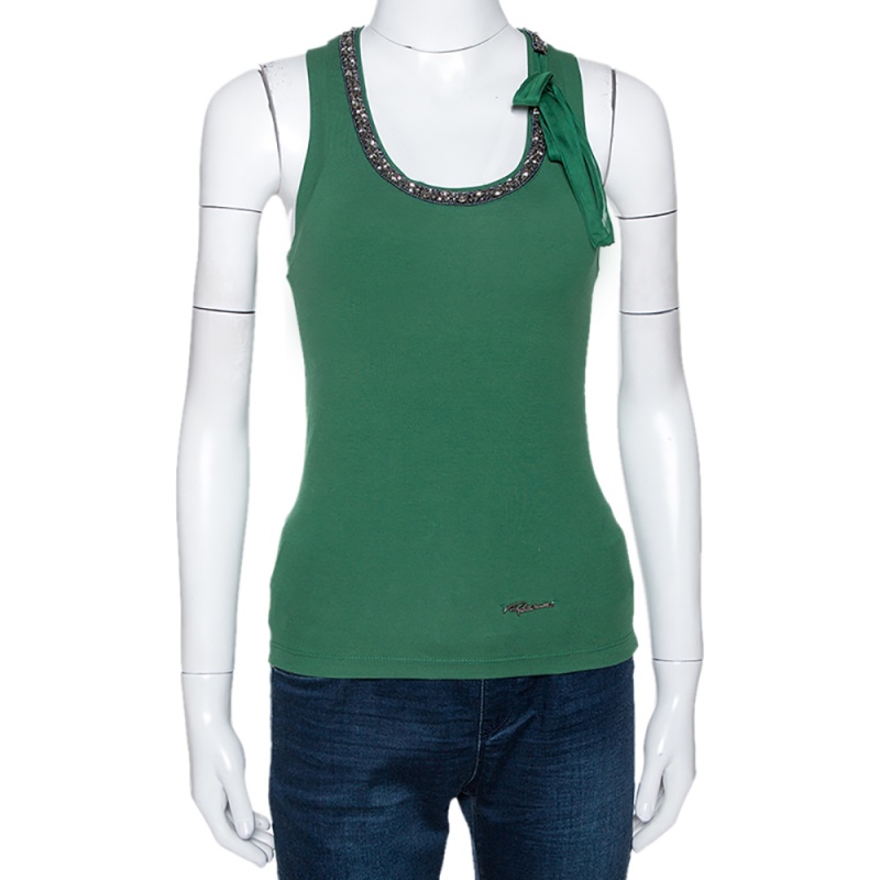 Pre-owned Roberto Cavalli Green Cotton Embellished Neckline Sleeveless Top S