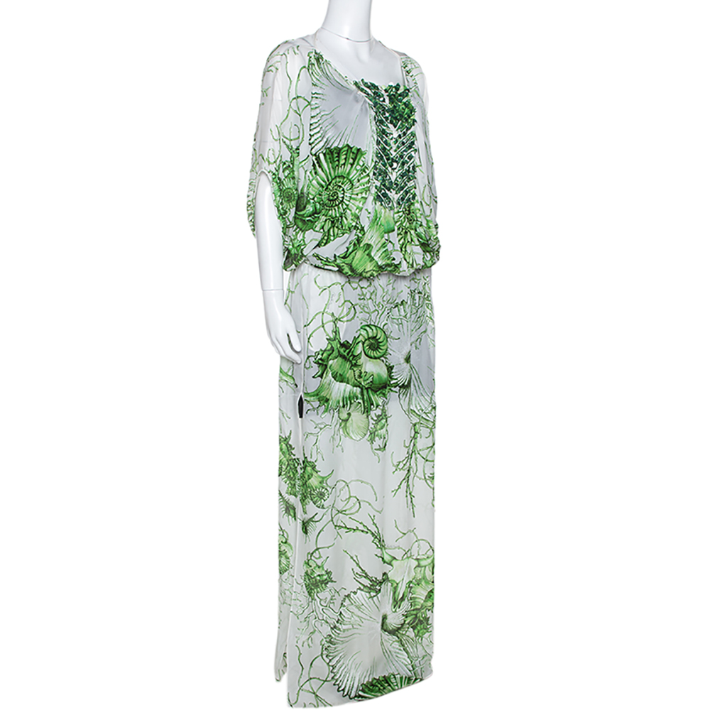 

Roberto Cavalli Green Coral Reef Print Silk Embellished Kaftan Dress