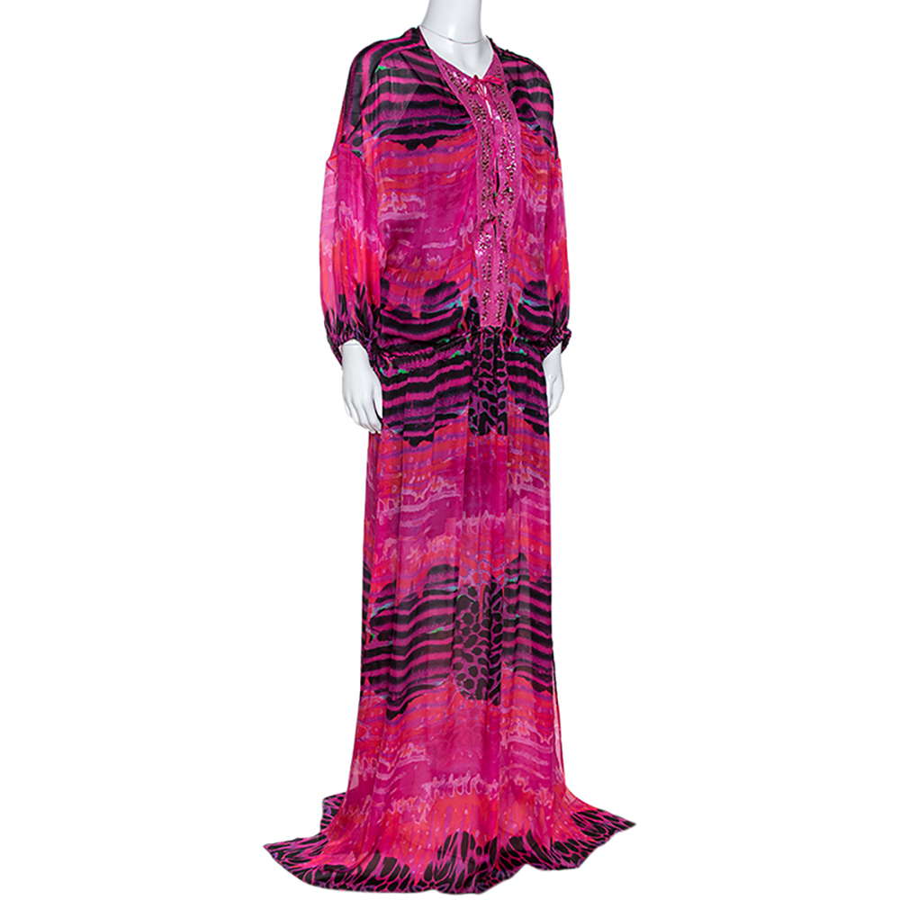 

Roberto Cavalli Pink Printed Silk Embellished Neckline Detail Maxi Dress