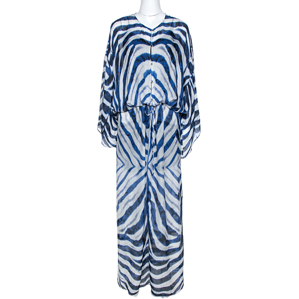 Pre Owned Roberto Cavalli Blue & White Zebra Print Silk Kaftan Dress L