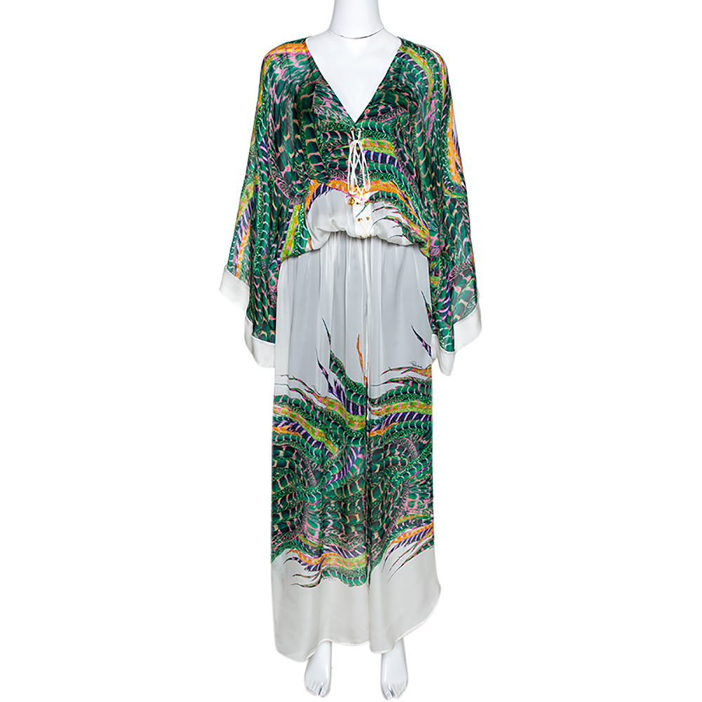 Pre Owned Roberto Cavalli Green & White Feather Print Silk Front Slit Detail Kaftan M