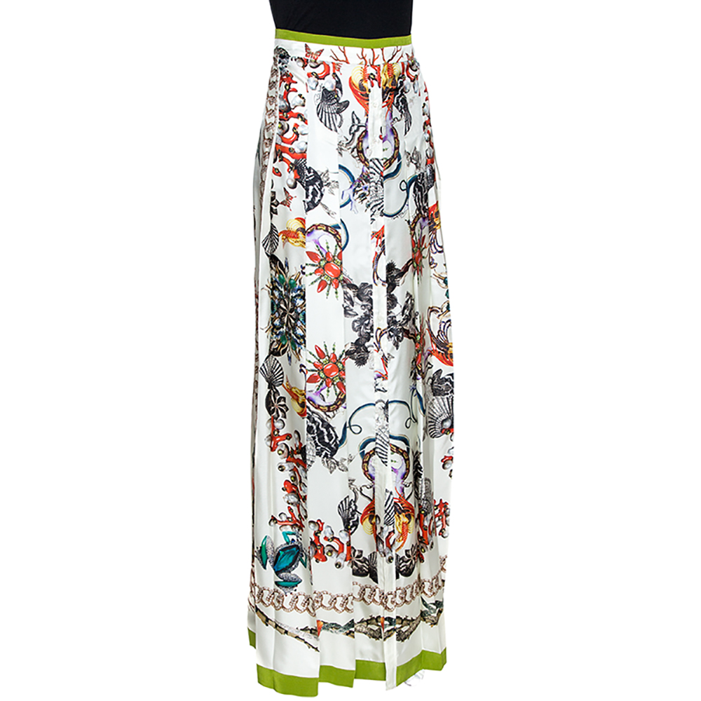 

Roberto Cavalli Off White Printed Silk Button Front Long Skirt