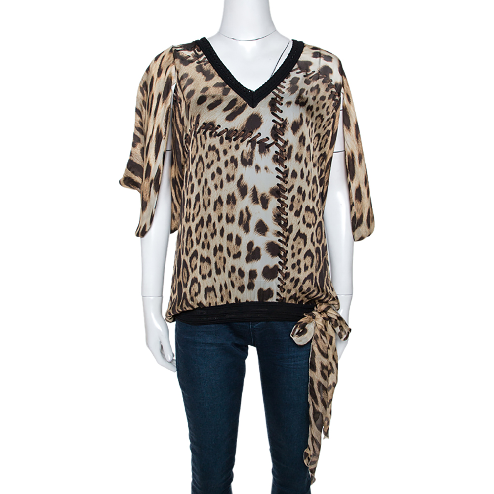 Pre Owned بلوزة روبرتو كافالي حرير نقشة الفهد بني بأكمام ديرابيه مقاس كبير (لارج)