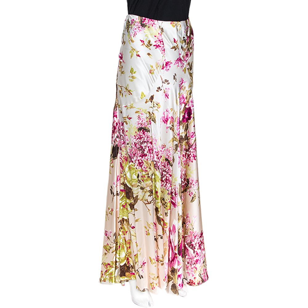 

Roberto Cavalli Cream Floral Print Silk Satin Maxi Skirt