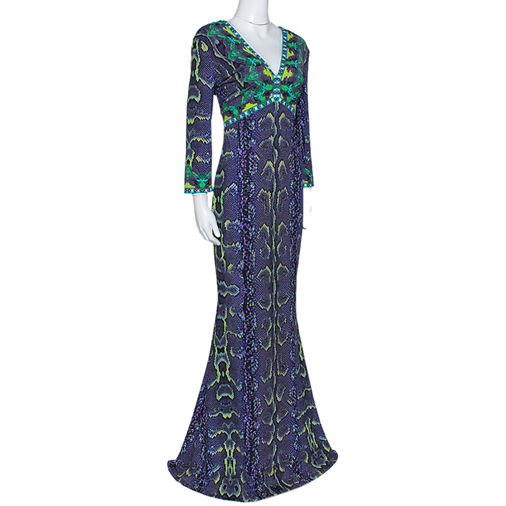 

Roberto Cavalli Purple Snakeskin Print Stretch Jersey Maxi Dress