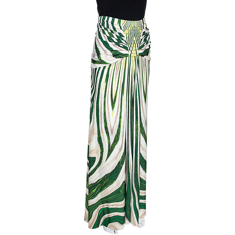 

Roberto Cavalli Green Striped Print Jersey Pleated Detail Maxi Skirt