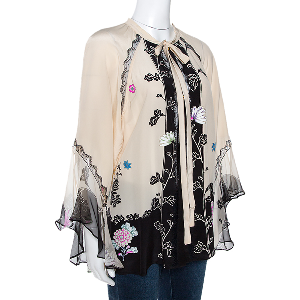 

Roberto Cavalli Cream and Black Floral Print Silk Lace Trim Shirt, Beige