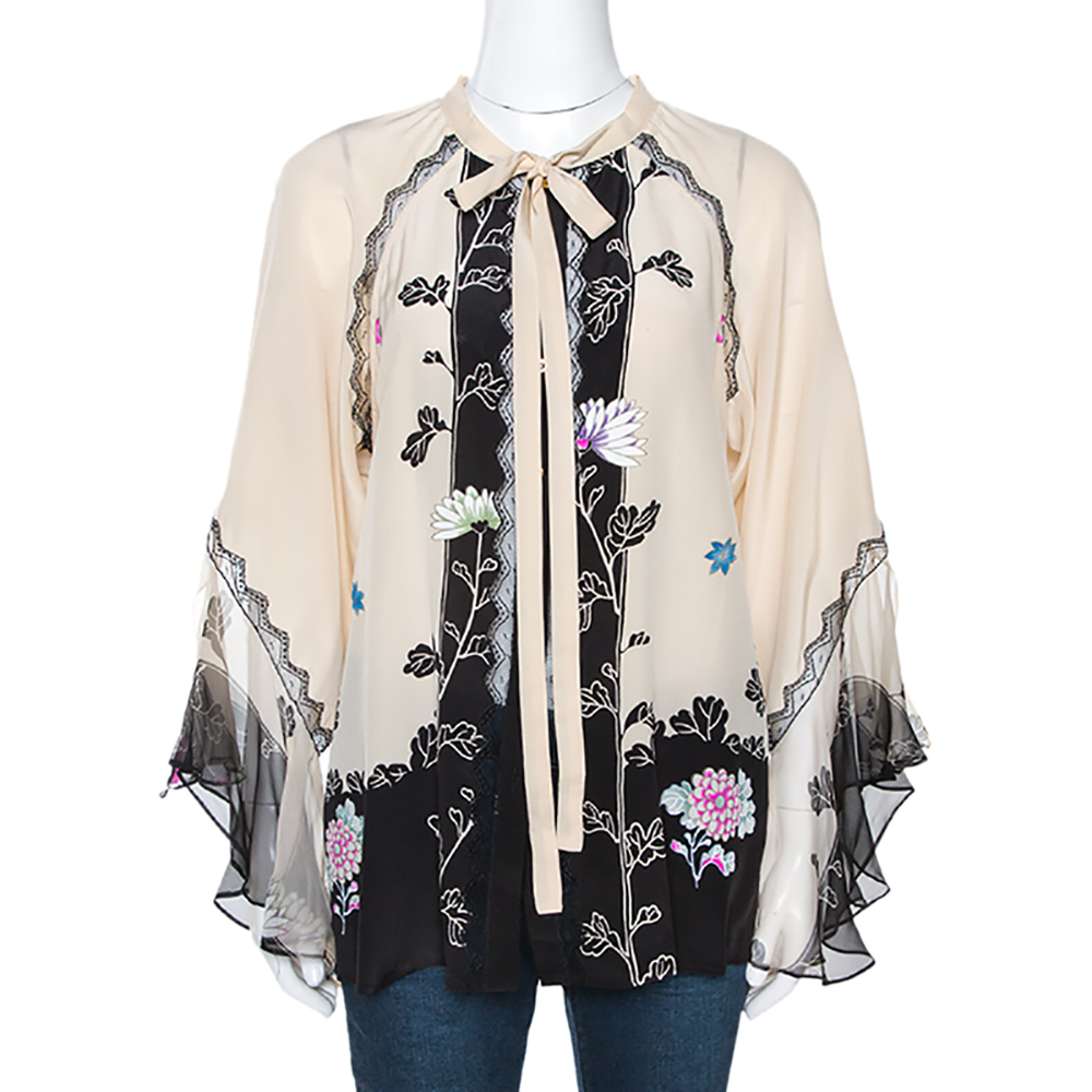 Pre Owned Roberto Cavalli Cream and Black Floral Print Silk Lace Trim Shirt M