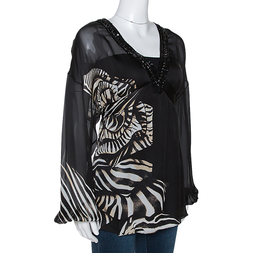 

Roberto Cavalli Black Animal Print Silk Embellished Neck Tie Back Blouse