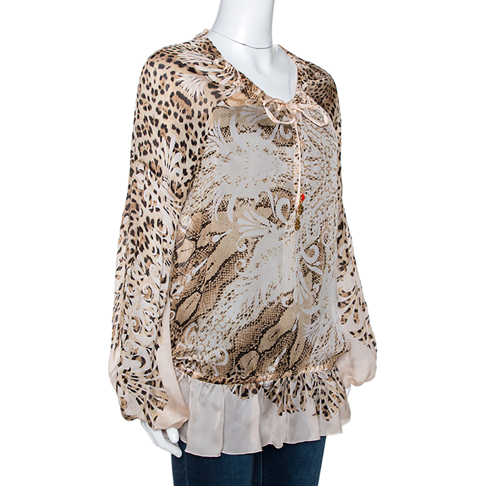 

Roberto Cavalli Cream Animal Print Silk Elasticized Drop Waist Blouse