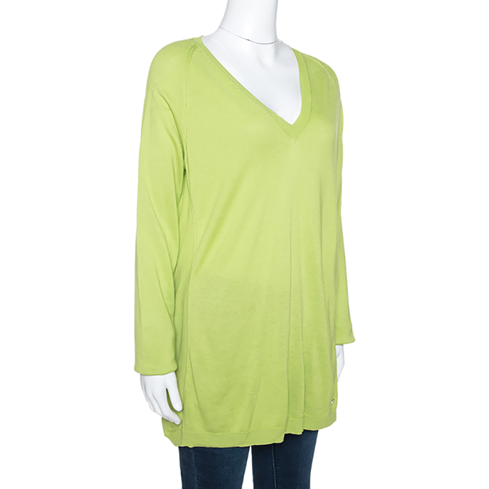 

Roberto Cavalli Lime Green Cashmere & Silk Paneled V Neck Sweater