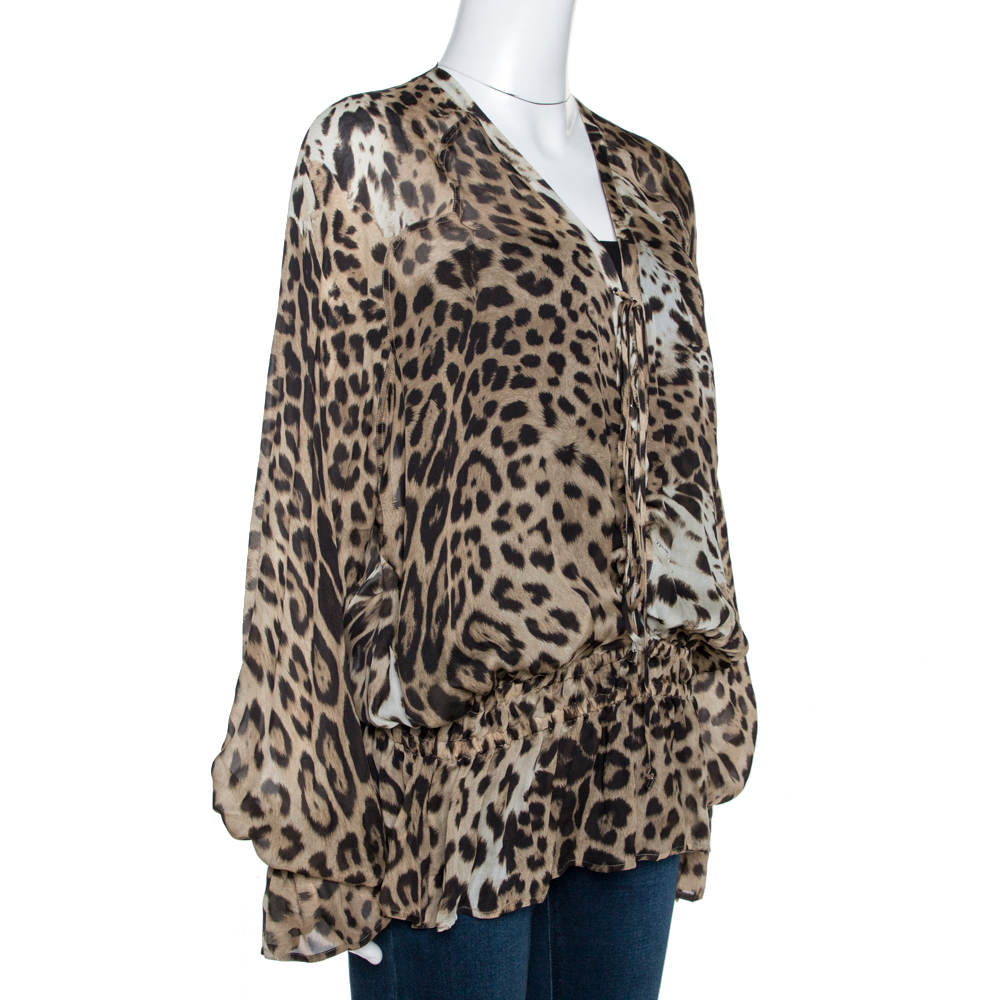 

Roberto Cavalli Brown Leopard Print Silk Tie Detail Sheer Top