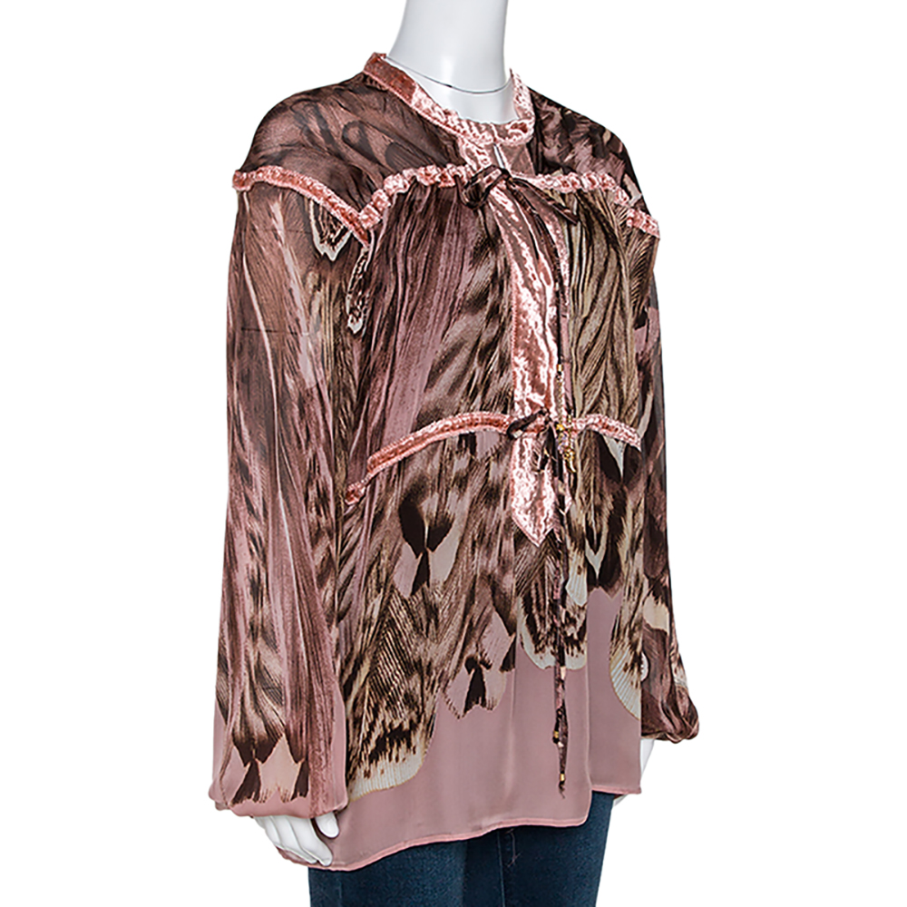 

Roberto Cavalli Peach Printed Silk Velvet Trim Sheer Blouse, Pink