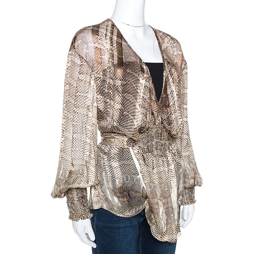 

Roberto Cavalli Brown Snakekskin Print Silk Smocked Sheer Blouse