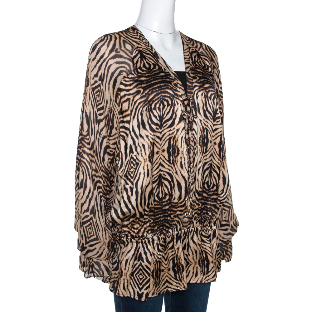 

Roberto Cavalli Beige & Black Animal Print Silk Lace Up Blouse