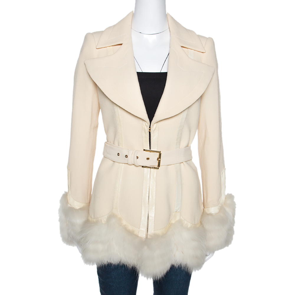 

Roberto Cavalli Cream Wool Fox Fur Trim Belted Jacket
