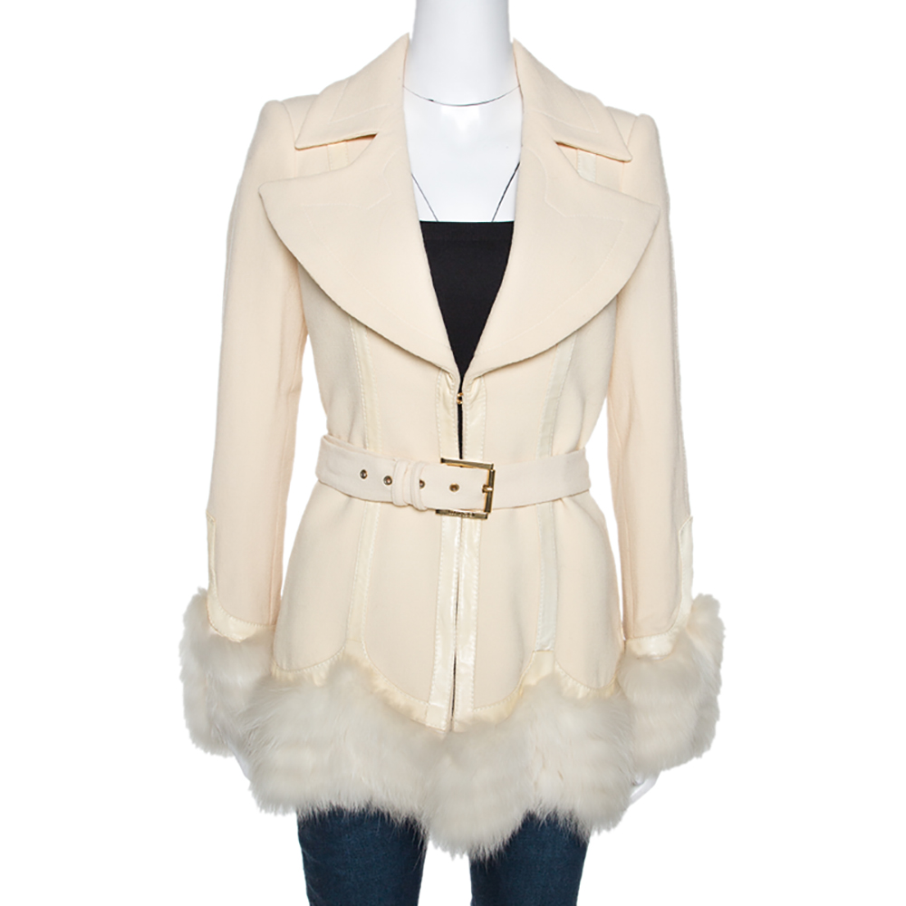 

Roberto Cavalli Cream Wool Fox Fur Trim Belted Jacket M