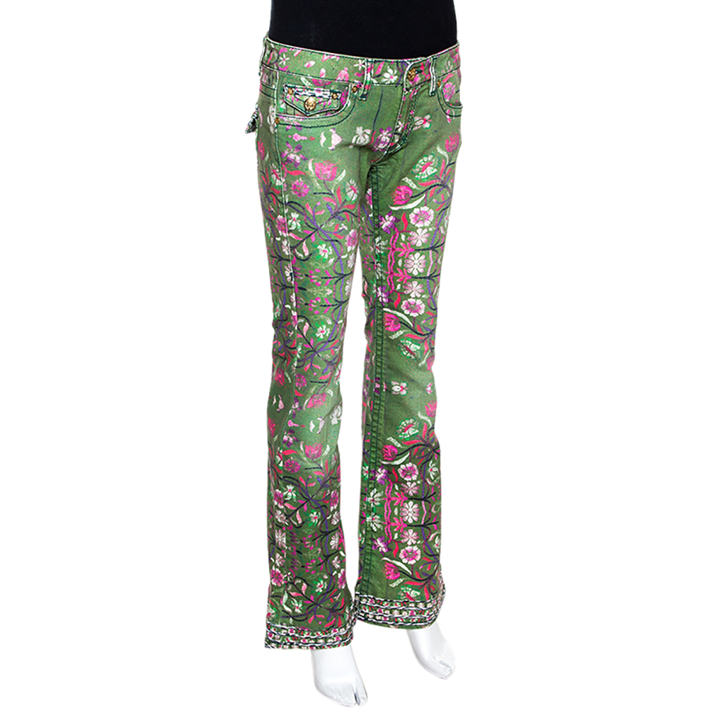 

Roberto Cavalli Green Floral Print Denim Flared Jeans