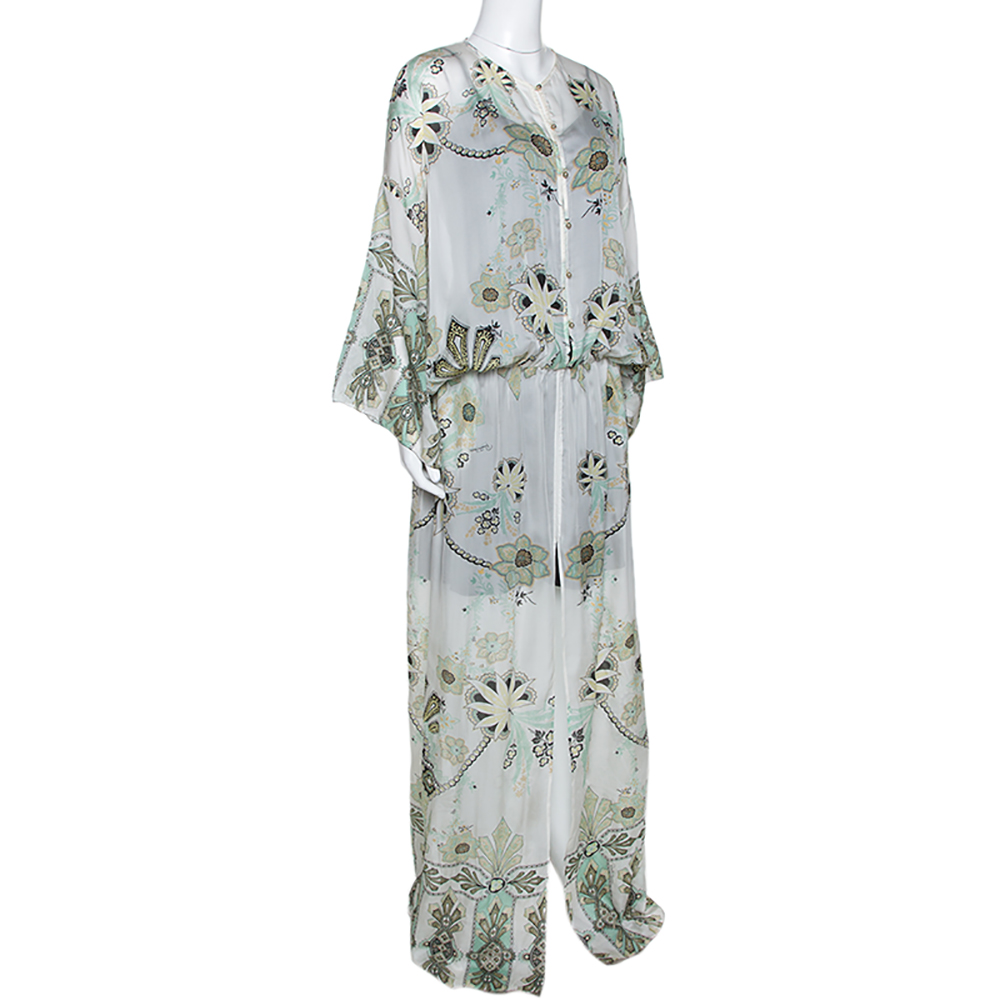 

Roberto Cavalli Off White Floral Shimmer Print Silk Slit Detail Kaftan