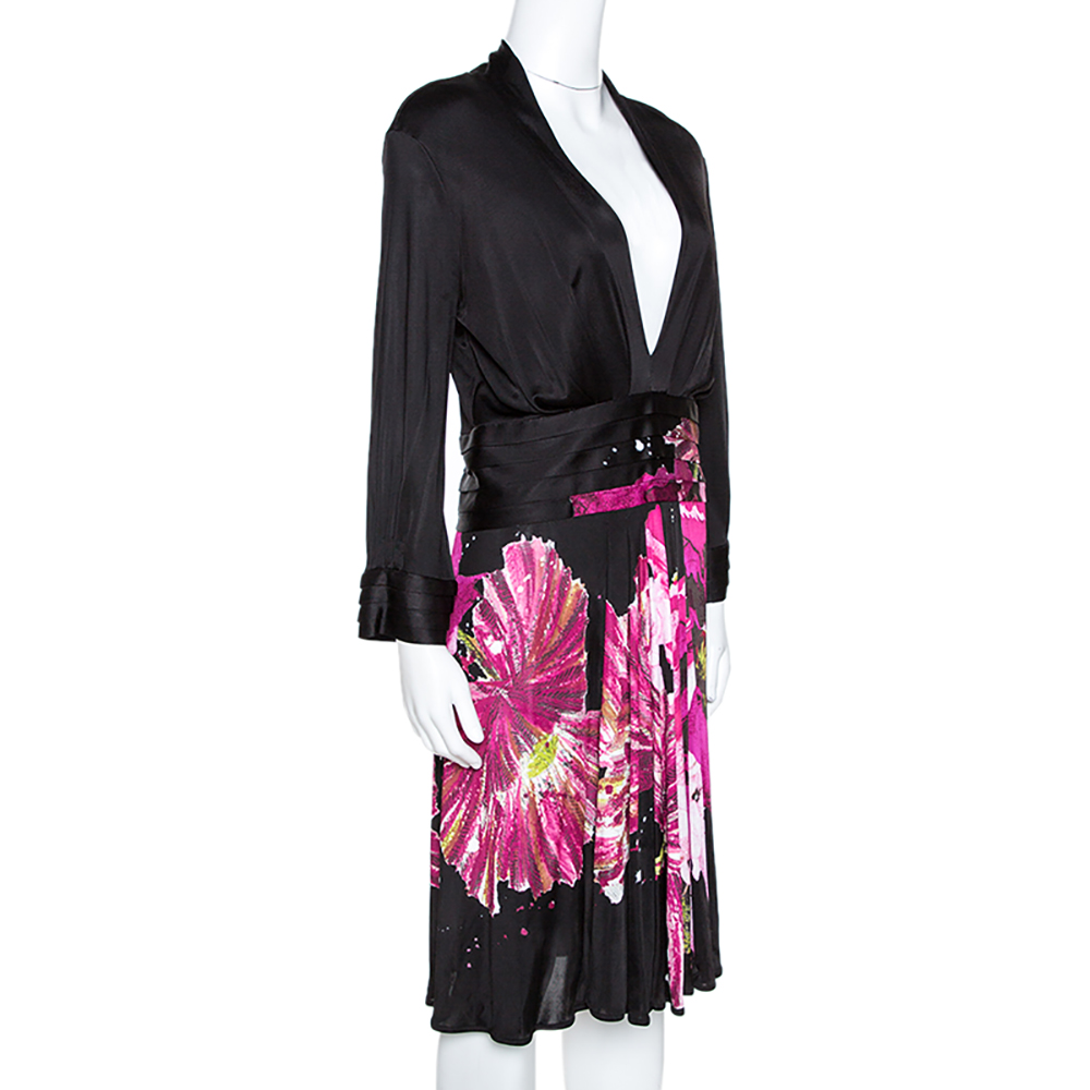 

Roberto Cavalli Black Floral Print Stretch Knit Plunge Neck Dress