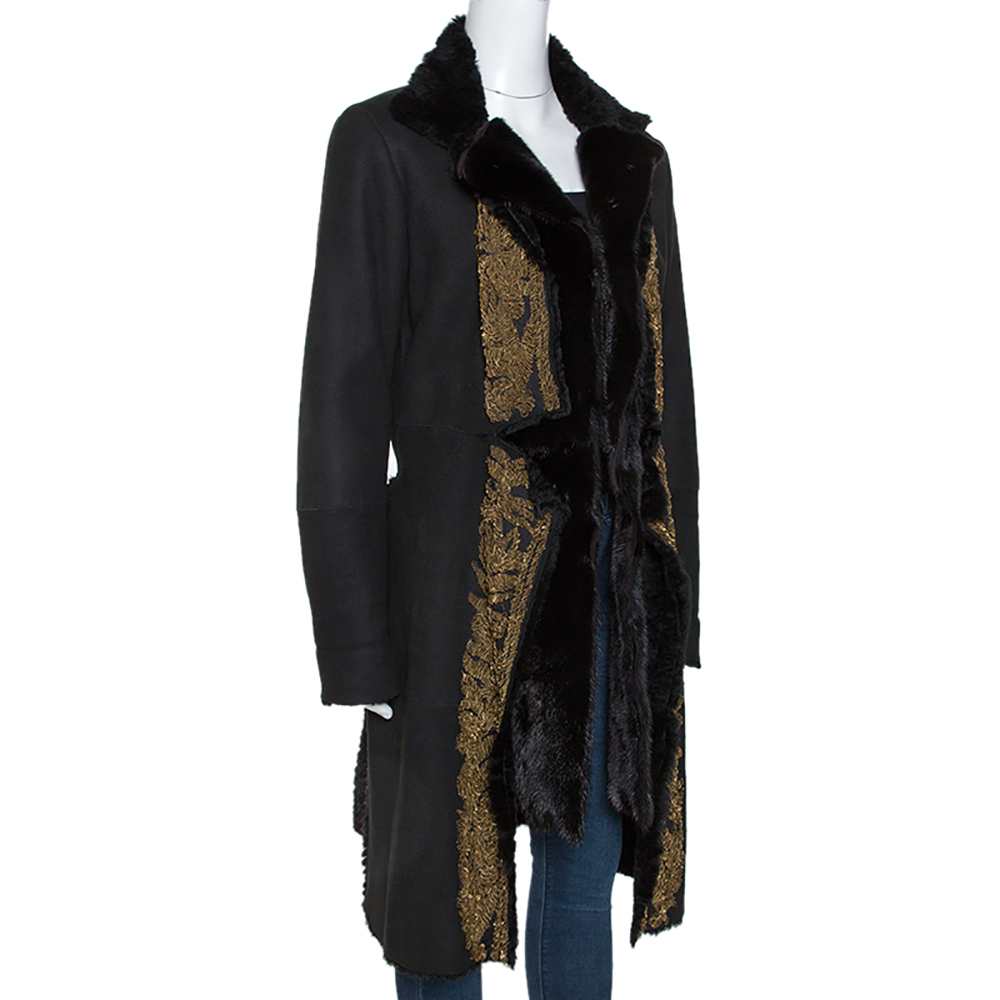 

Roberto Cavalli Black Embellished Shearling Fur Lined Coat