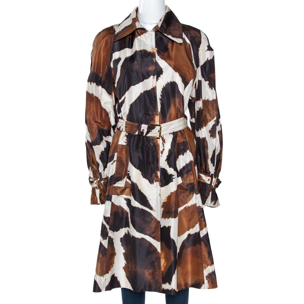 Roberto Cavalli Brown Printed Silk Pleat Detail Belted Coat M Roberto ...