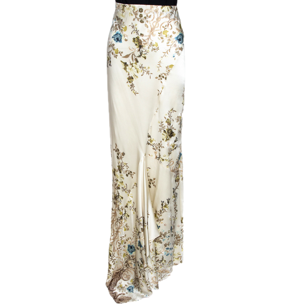 Pre Owned Roberto Cavalli Cream Floral Shimmer Print Silk Flared Maxi Skirt L